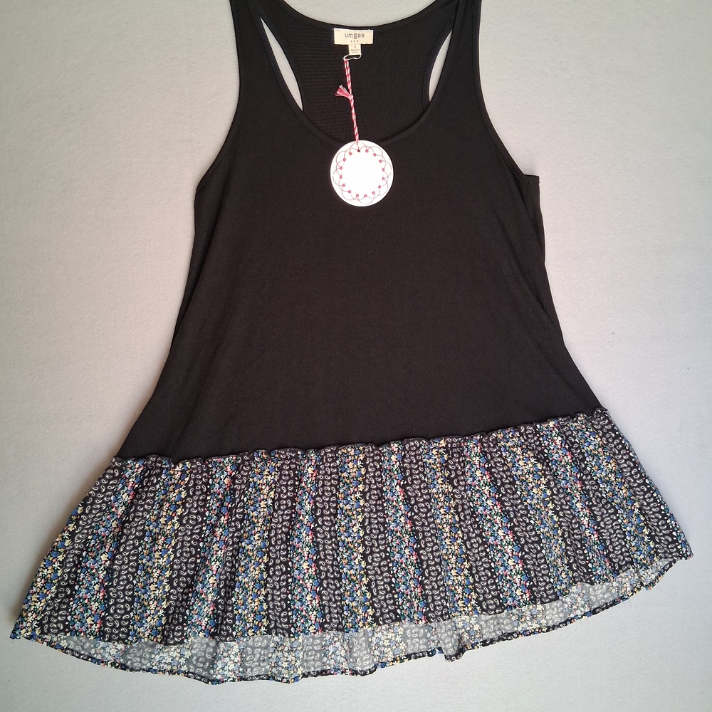 UMGEE USA NWT Size S Black Boho Racerback Tank with Floral Ruffle Hem
